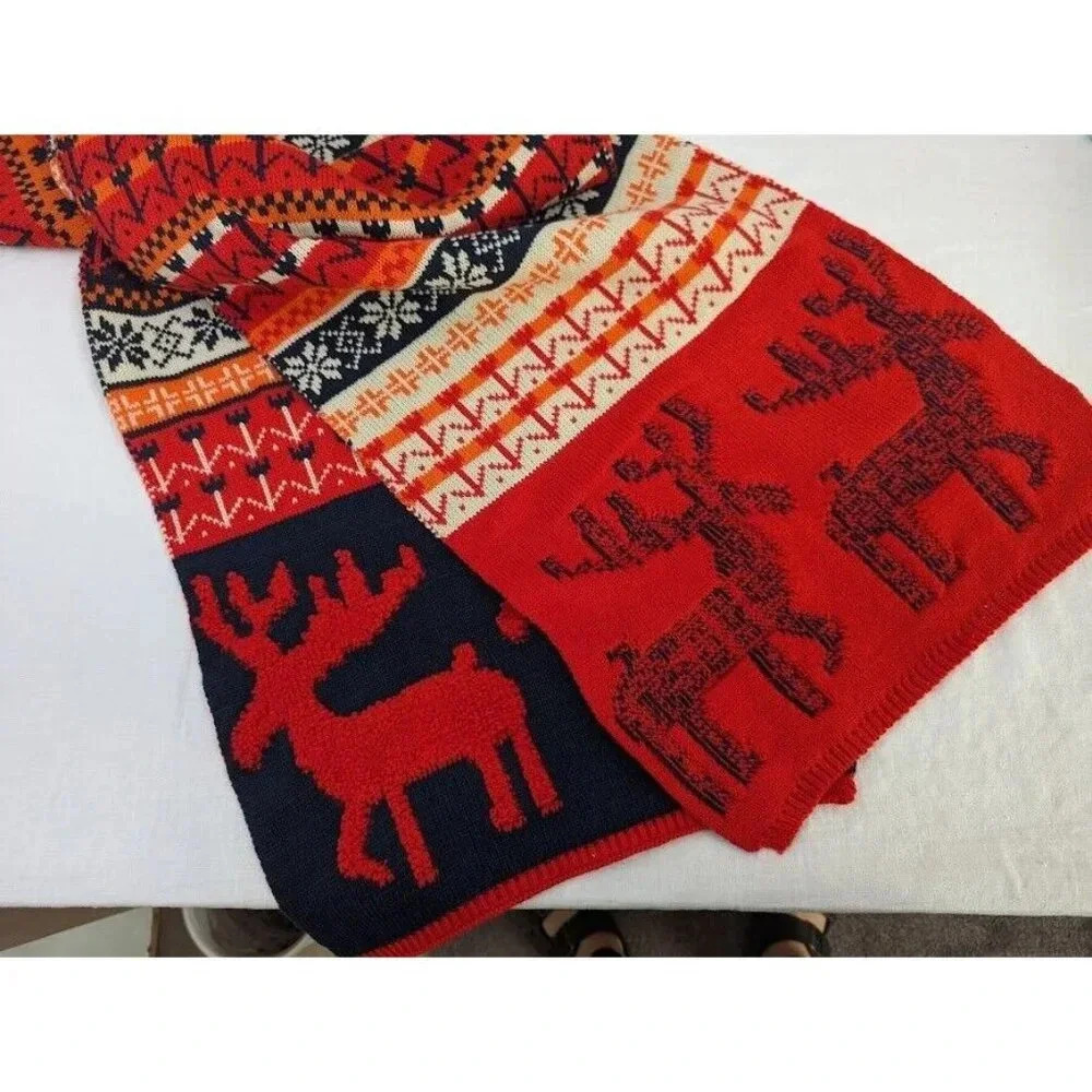 Nordic Moose knit scarf, red blue orange, winter warm, unisex, O15 - Picture 4 of 4